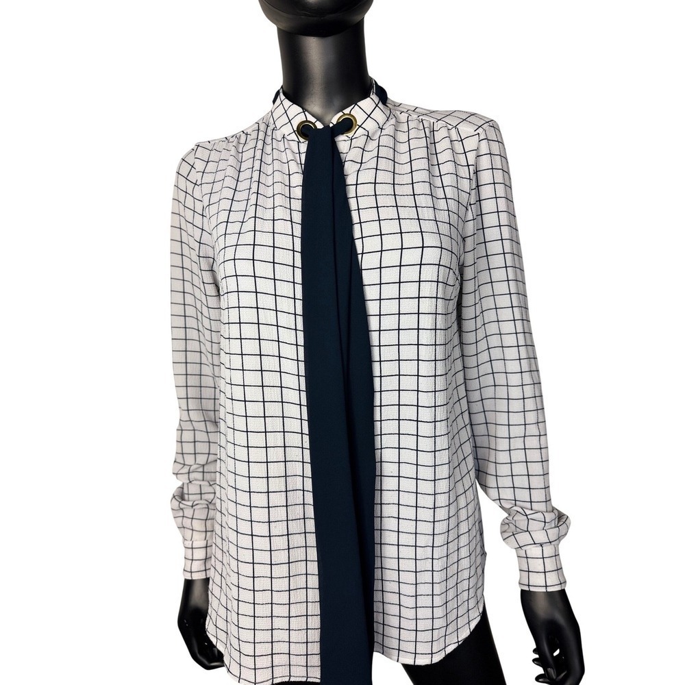 MICHAEL‎ KORS Grid Print Tie Neck Long Sleeve Blouse XS